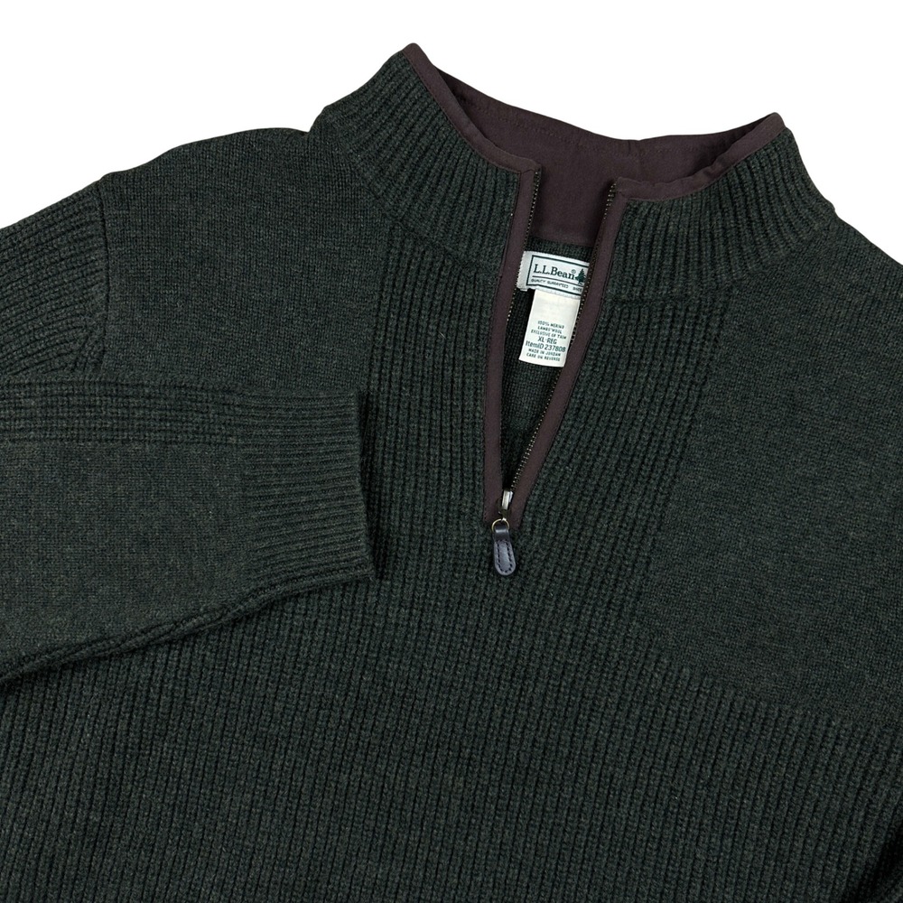 LL Bean Mens XL Merino Lambswool Quarter Zip Sweater Forest Green Ribbed Knit